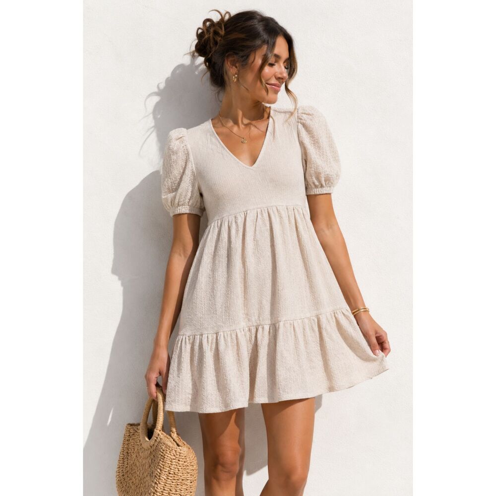 NWT Mango Cream Textured Tiered Mini Dress Women’s 2 Puff Sleeve Cottagecore